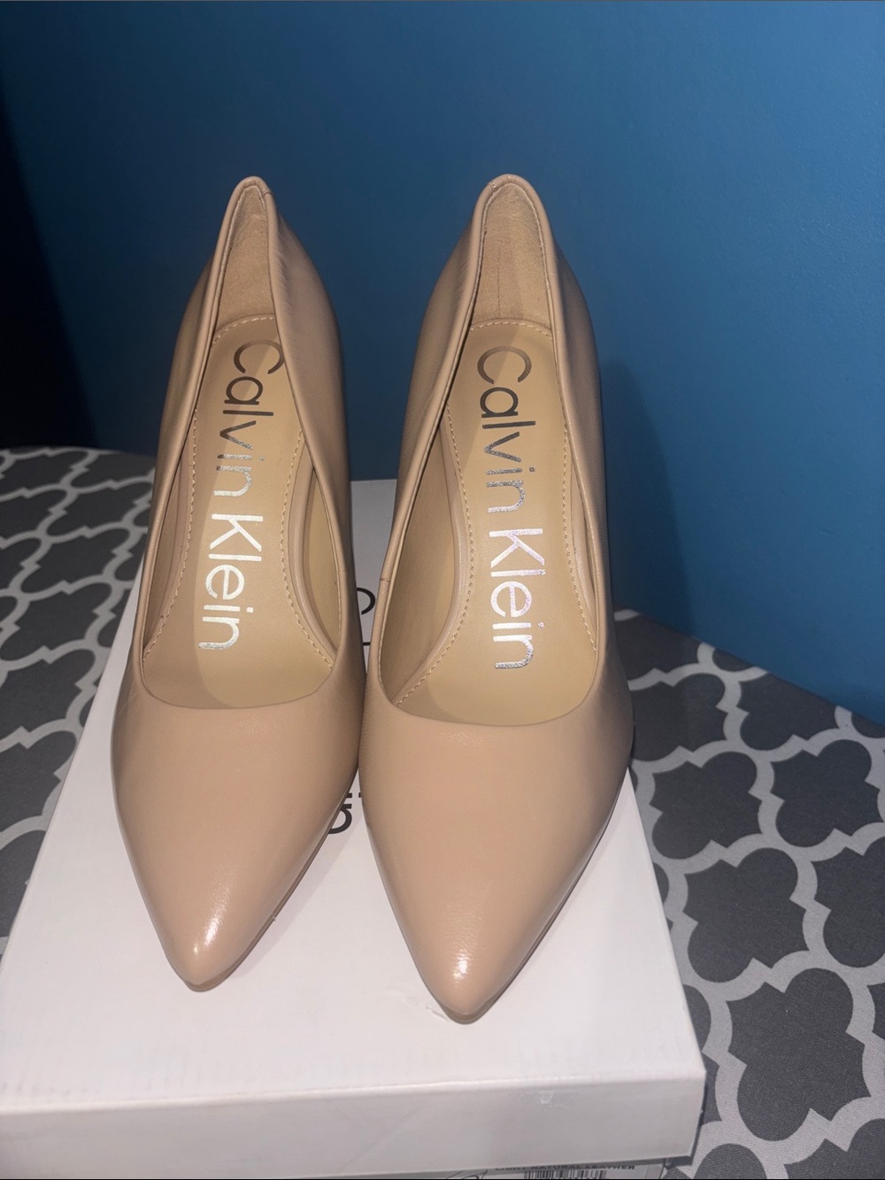 Calvin Klein Gayle Beige Pointed-Toe Patent Pumps light natural leather
